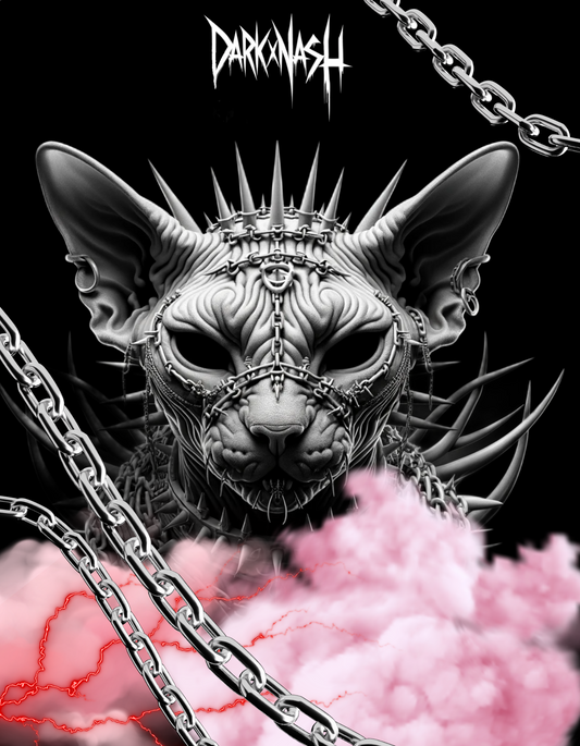 Illustration eines Sphynx-Katzenkopfes mit metallischen, stachelartigen Details und Tribal-Mustern, umgeben von Ketten und rosa Rauchwolken. Darüber das Logo 'DarkXNash' auf schwarzem Hintergrund.