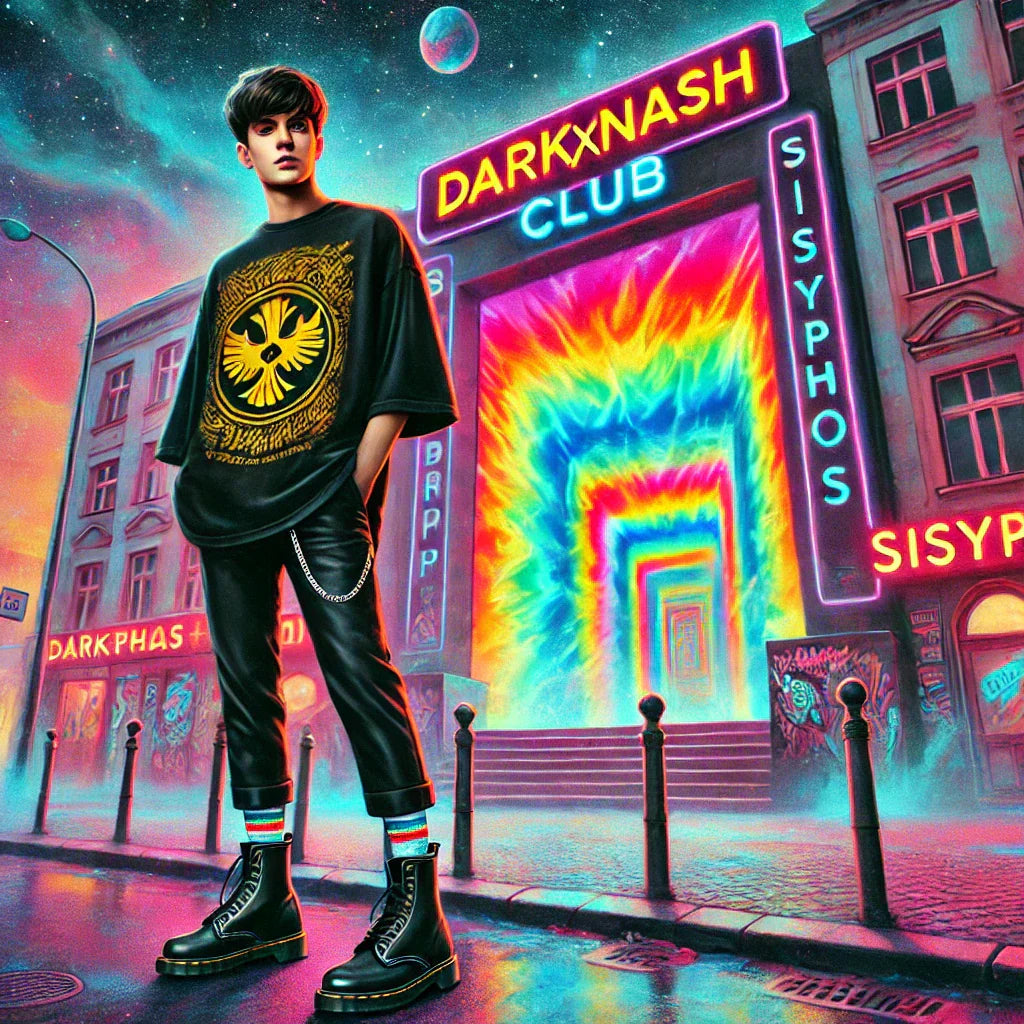 Max steht vor dem Sisyphos in Berlin, trägt DARKXNASH-Shirt, Platinum-Dr.-Martens und blickt auf ein LSD-farbenes Portal.