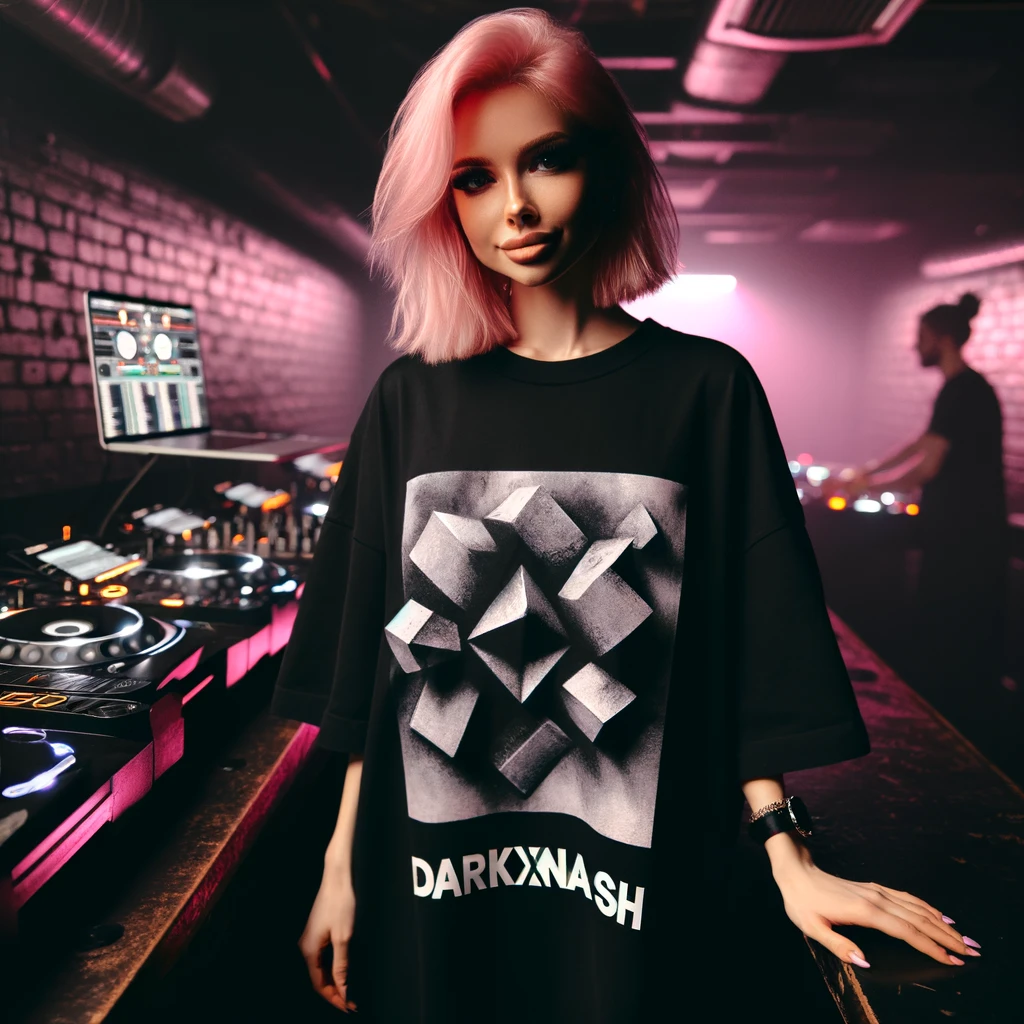 Modebewusste Frau mit pinken Haaren präsentiert ein lässiges schwarzes T-Shirt mit dem 'DARKXNASH' 3D-Würfel-Logo in einem lebhaften Techno-Club mit DJ-Set im Hintergrund.