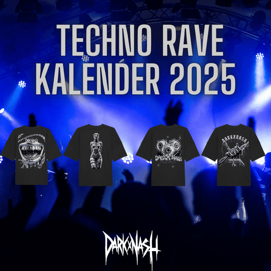 Techno Rave Kalender 2025 – DARKXNASH T-Shirts mit düsteren Designs vor einer energiegeladenen Festivalbühne mit Lichtern.