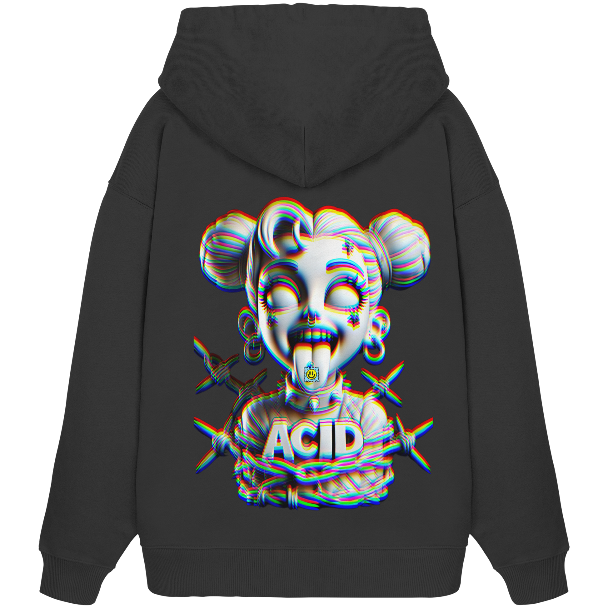 Rückseite des Psychedelic Princess Hoodies mit auffälligem Acid-Look, glitchigen Designs und stilvollem Stacheldraht-Motiv.