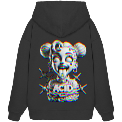 Rückseite des Psychedelic Princess Hoodies mit auffälligem Acid-Look, glitchigen Designs und stilvollem Stacheldraht-Motiv.