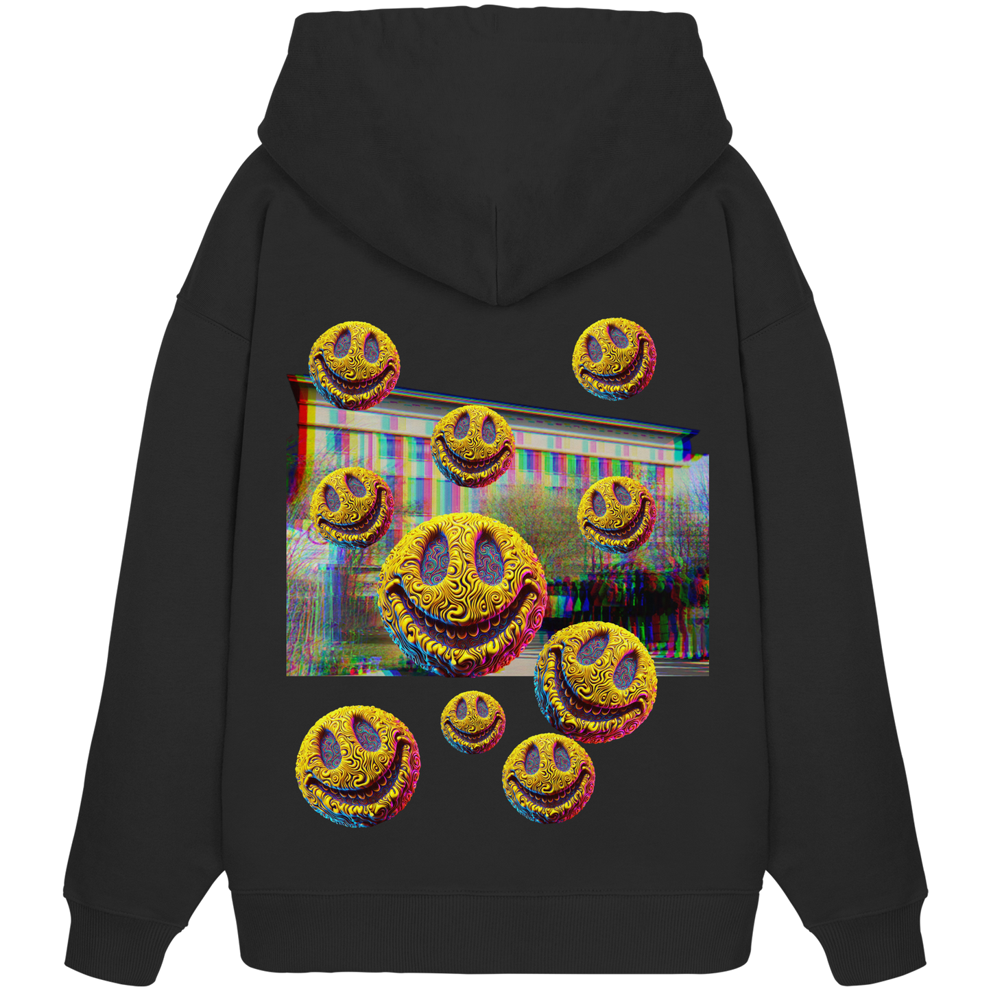 Schwarzer Hoodie mit psychedelischen Acid-Smileys und Berghain-Hintergrund – inspiriert von Techno- und Rave-Kultur.