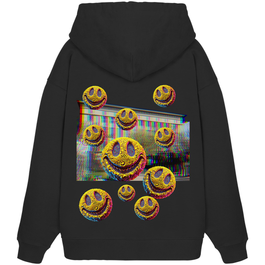 Schwarzer Hoodie mit psychedelischen Acid-Smileys und Berghain-Hintergrund – inspiriert von Techno- und Rave-Kultur.