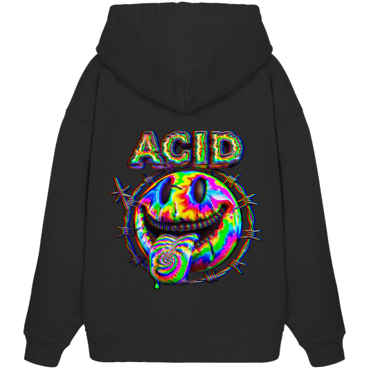 Schwarzer Hoodie mit buntem Acid-Design: Verzerrtes Smiley mit Zunge, Stacheldraht und leuchtendem 'ACID'-Schriftzug.