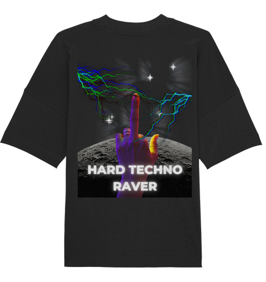 Schwarzes Oversize Unisex-T-Shirt mit auffälligem Backprint: neonfarbene Blitze, eine farbige Hand im Vordergrund und der Schriftzug 'Hard Techno Raver'.