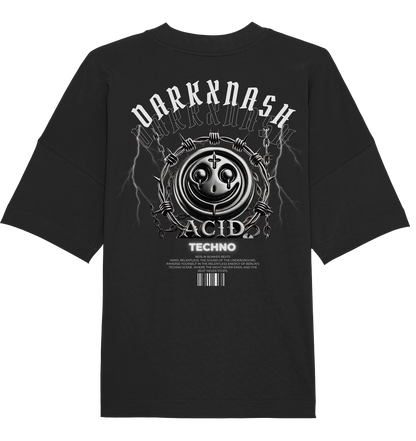 Schwarzes Acid Techno Oversize-Shirt mit DarkXNash-Logo, Smiley-Design in Stacheldraht und Blitzmotiven, inspiriert von Acid-Kultur.