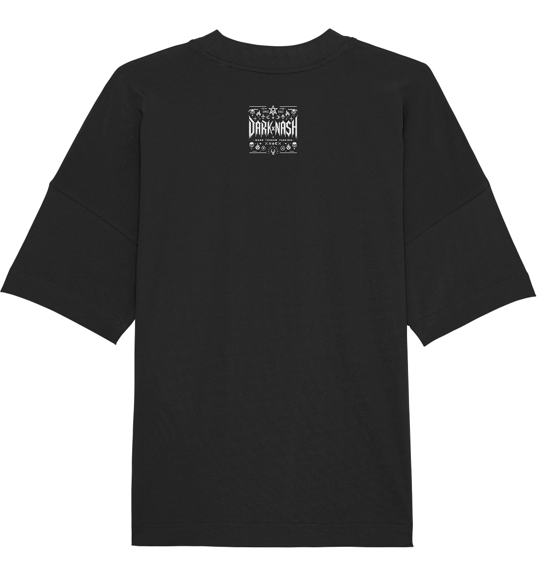 Schwarzes Darkxnash Rave Shirt von der Rückeite mit den Logo drauf