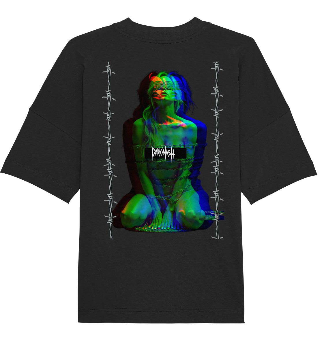 Schwarzes BDSM DARKXNASH-T-Shirt mit glitchartiger, gefesselter Frau, Stacheldraht-Elementen und neonfarbenem Cyberpunk-Effekt.