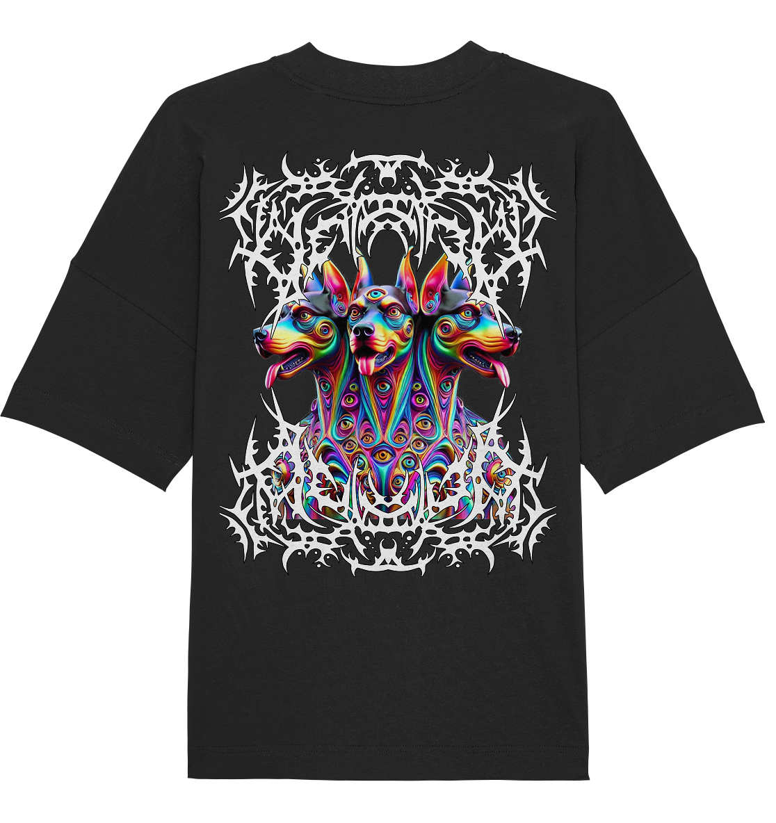 Schwarzes Oversize-Shirt mit psychedelischem Cerberus-Backprint in leuchtenden Farben, inspiriert von der Psytrance- und Techno-Szene.