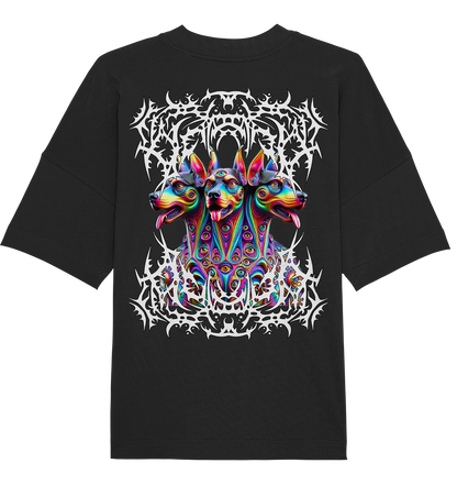 Schwarzes Oversize-Shirt mit psychedelischem Cerberus-Backprint in leuchtenden Farben, inspiriert von der Psytrance- und Techno-Szene.