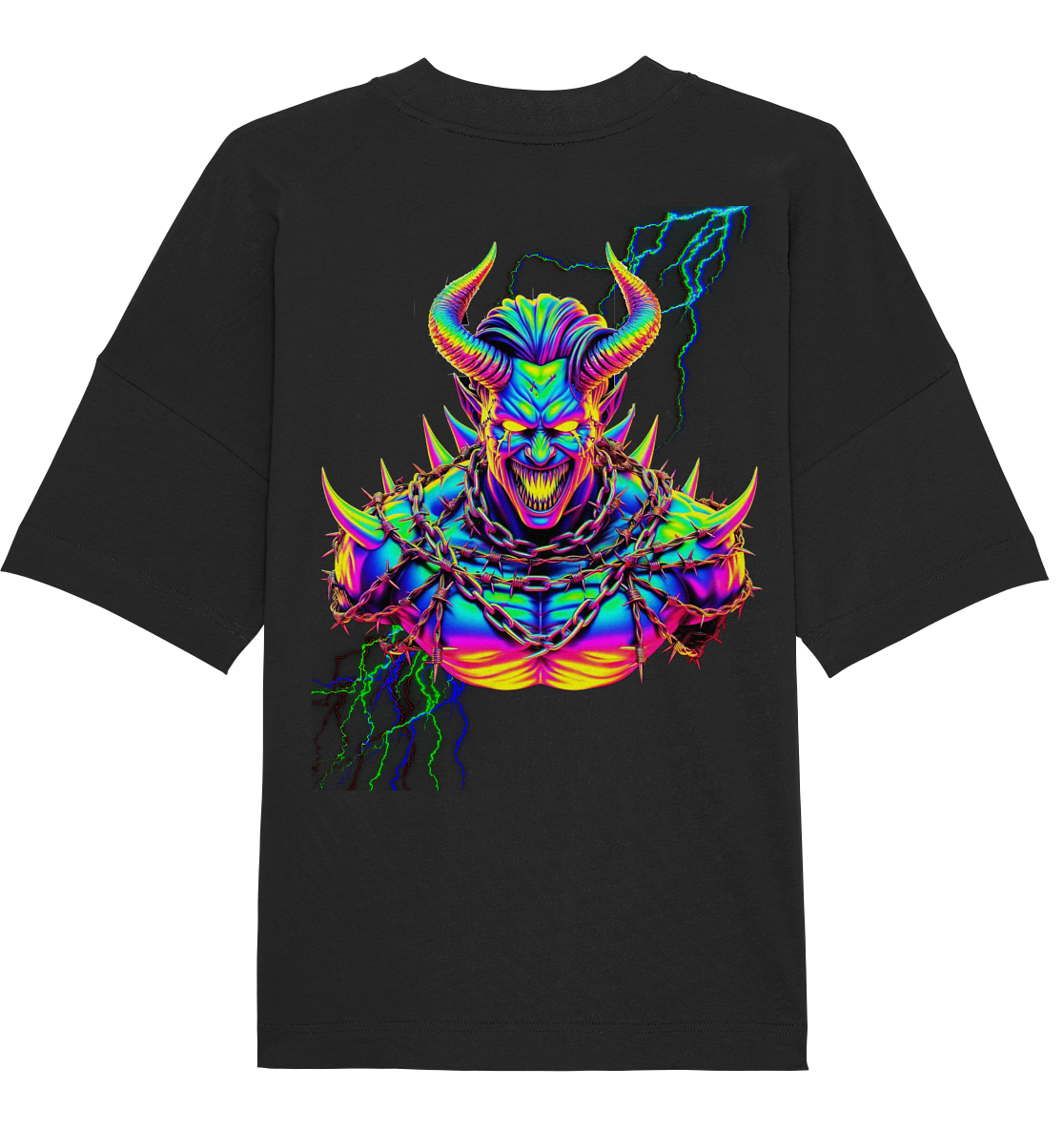 Schwarzes Oversize-Shirt mit großem, buntem „Neon Acid Demon“-Print auf dem Rücken. Auffälliger Look für Raves, Festivals und Streetwear.