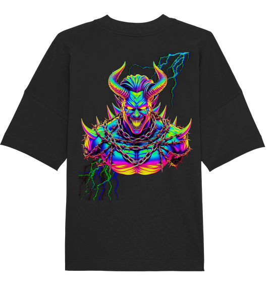 Schwarzes Oversize-Shirt mit großem, buntem „Neon Acid Demon“-Print auf dem Rücken. Auffälliger Look für Raves, Festivals und Streetwear.