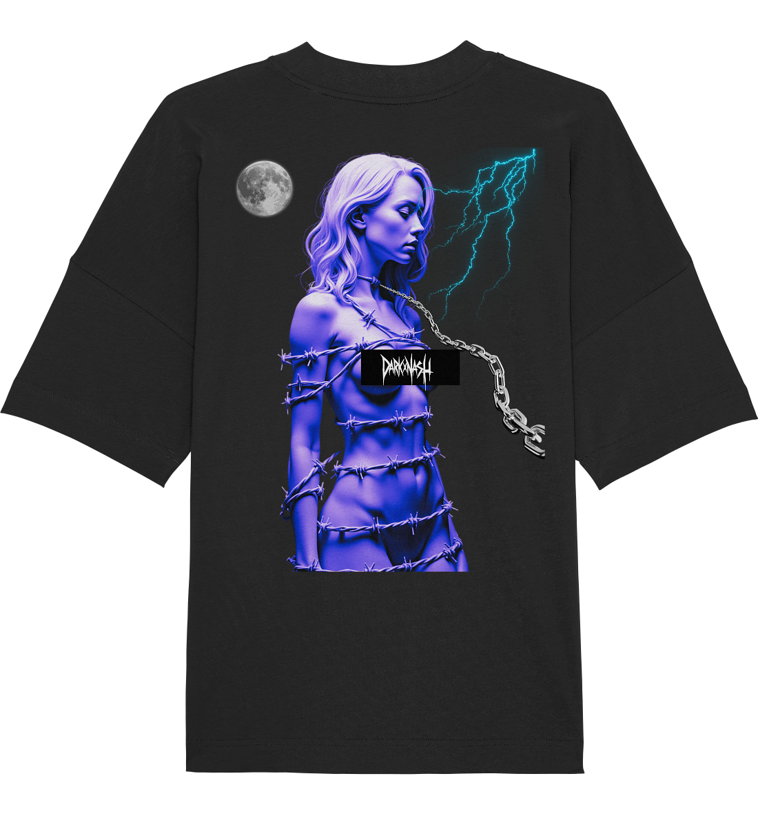 Schwarzes T-Shirt mit neonblauem Design: Frau in Stacheldraht, Ketten, Mond und Blitzen, DARKXNASH-Logo auf der Brust.