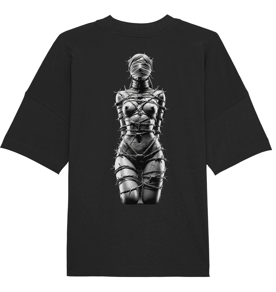 Rückseite des schwarzen DarkXnash T-Shirts mit BDSM-Stacheldraht-Design einer Figur.