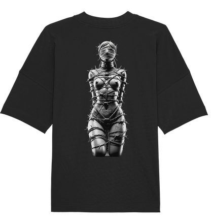 Rückseite des schwarzen DarkXnash T-Shirts mit BDSM-Stacheldraht-Design einer Figur.