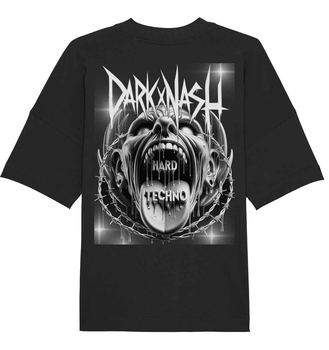 Schwarzes Oversize-Shirt mit DARKXNASH-Logo, einem rebellischen Gesicht, Stacheldraht und 'Hard Techno'-Schriftzug – für echte Techno-Fans.