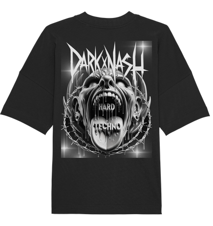 Schwarzes Oversize-Shirt mit DARKXNASH-Logo, einem rebellischen Gesicht, Stacheldraht und 'Hard Techno'-Schriftzug – für echte Techno-Fans.