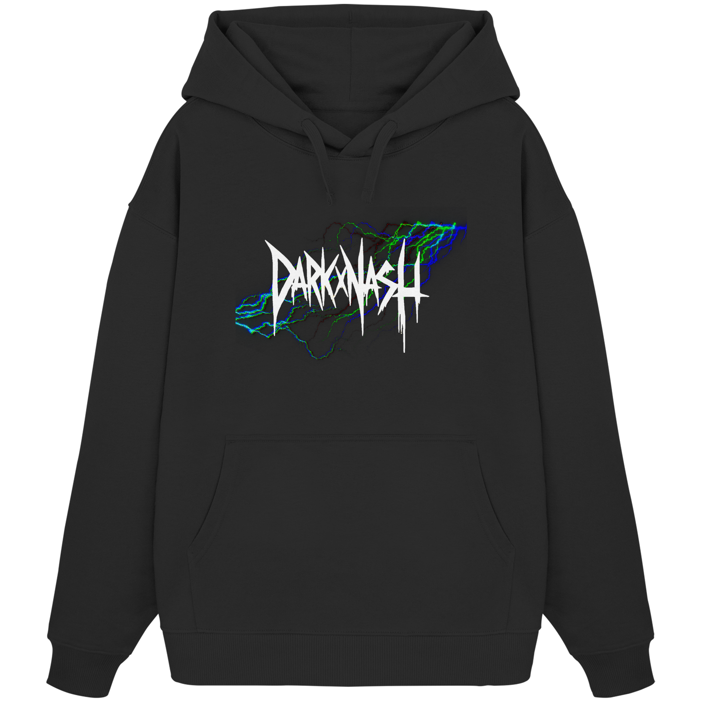 Schwarzer Hoodie mit DARKXNASH-Logo und abstrakten, leuchtenden Linien – perfekt für Techno- und Streetwear-Fans.