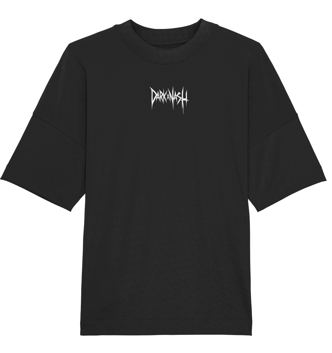 Schwarzes DARKXNASH-T-Shirt mit kleinem weißen Logo in edgy Schrift auf der Brust, minimalistisches Design im Techno-Stil.