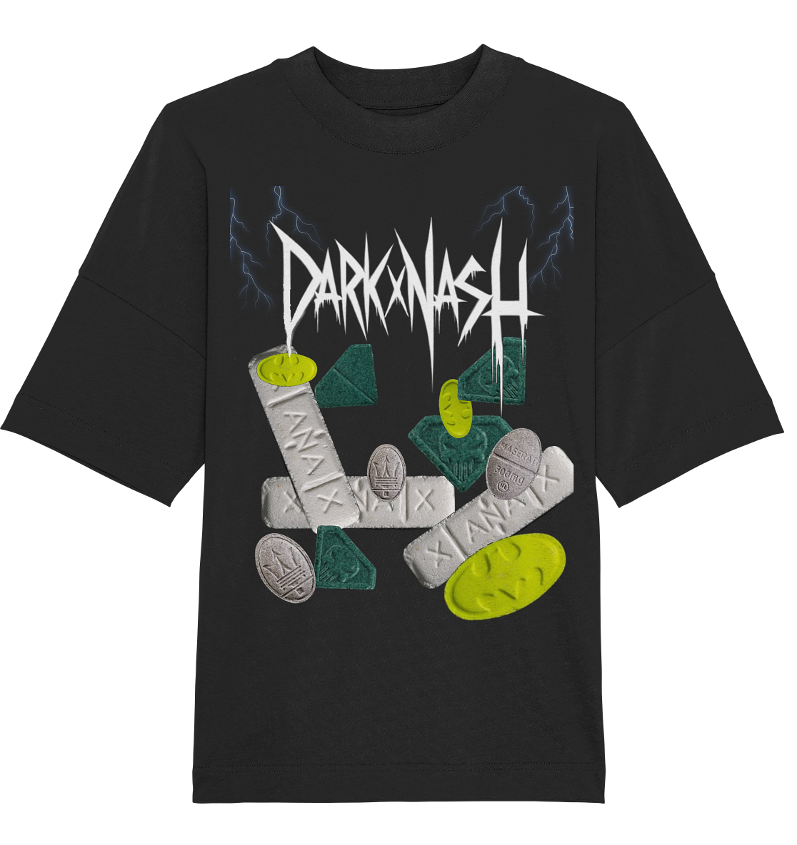 Schwarzes Darkxnash Rave Shirt mit verschieden bunten Pillen drauf