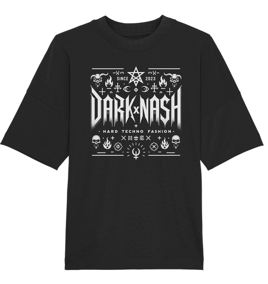 Schwarzes DarkNash T-Shirt mit Hard Techno Design, mystischen Symbolen und dem Logo seit 2023.