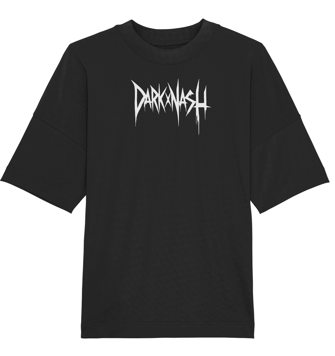 Schwarzes Oversize-Shirt mit weißem DARKXNASH-Logo auf der Vorderseite im minimalistischen Design, ideal für Fans der Techno-Szene.