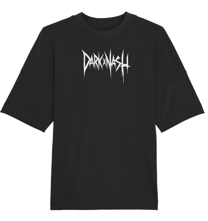 Schwarzes Oversize-Shirt mit weißem DARKXNASH-Logo auf der Vorderseite im minimalistischen Design, ideal für Fans der Techno-Szene.