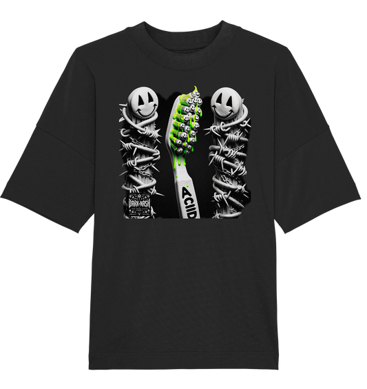 Schwarzes T-Shirt mit Zahnbürste 'ACID', neon-grünen Details, Smiley-Gesichtern und Stacheldraht, DarkxNash-Logo unten links.
