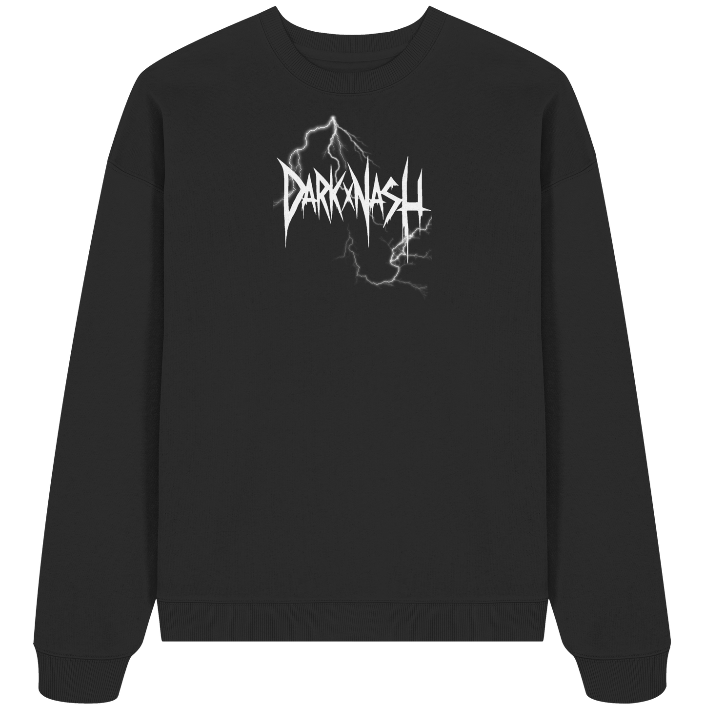 Schwarzes Organic Oversize Sweatshirt mit 'DarkXNash'-Logo und stilisierter Blitze-Illustration. Modernes Techno-Design in hochwertiger Baumwolle.
